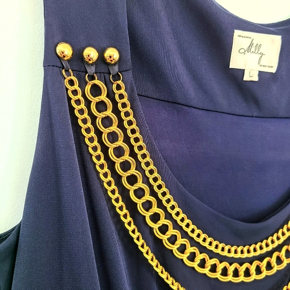 Milly of New York Blue Sleeveless Stretchy Sheath Dress w/ Gold Chain Necklace - Picture 8 of 8